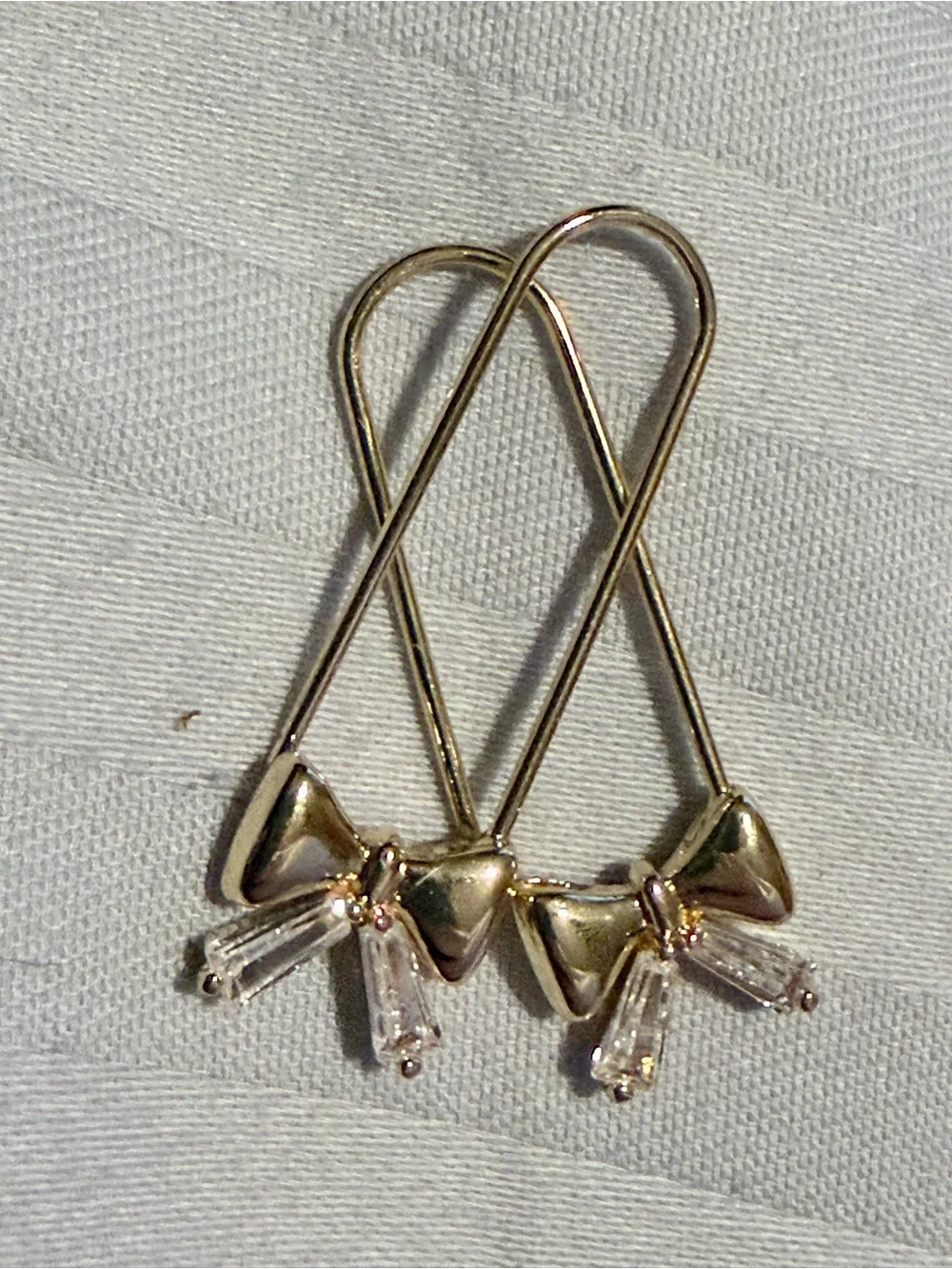 Gold Bow Drop Earrings with Clear Crystal Accents - Women Jewelry